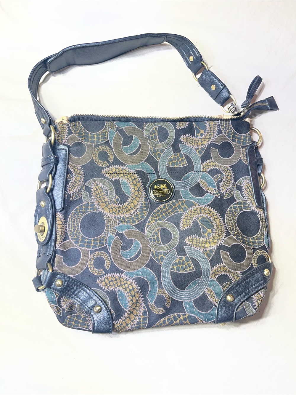 Coach Leatherware Signature Op Art Shoulder Bag Black Multicolor Leather Trim